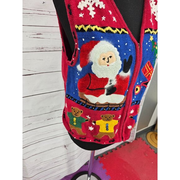 Vintage Christmas Vest Ugly Sweater‎ Santa & Bears Hampshire Studio M Red - Picture 5 of 11